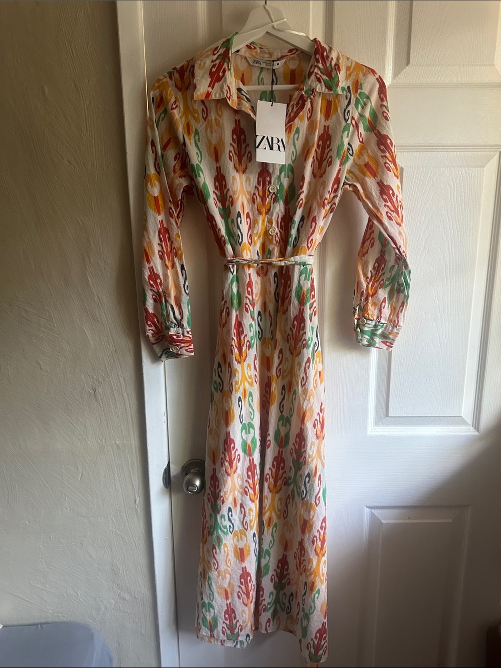 ZARA Multicolor Long-Sleeve Print Button Midi Dress